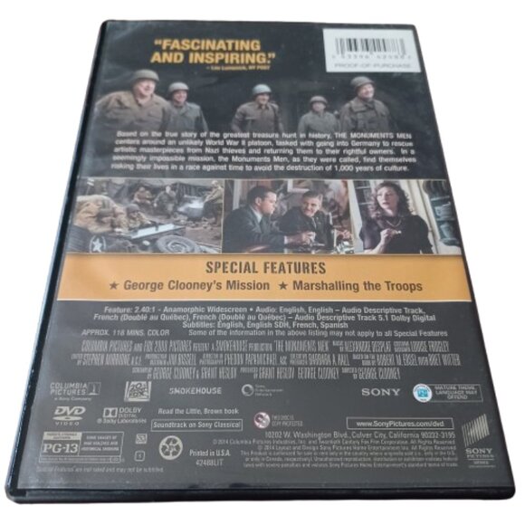The Monuments Men DVD Movie Matt Damon George Clooney World War 2 PG13 Disc Film - Picture 2 of 3